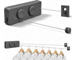 Waslijn uittrekbaar - Grijs - 2 x 5,2 meter - Roestvrijstalen Intrekbare Waslijn - Voor Binnen en Overdekte Buitenruimtes