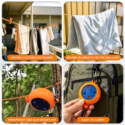 16-delige reiswaslijn set met 10 m uittrekbare waslijn, 5 opvouwbare kleerhangers en 10 roestvrijstalen klemmen, winddicht en ruimtebesparend, ideaal voor camping, hotel, balkon en camper — thumbnail 4