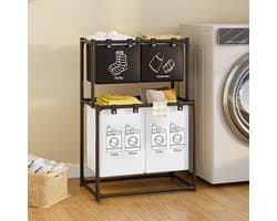 Wasmand - Opbergmand - Dubbele Laag - 4 Compartimenten - 57x44x97 cm - voor Badkamers, Toiletten en Bergingen