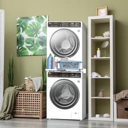 Tussenframe Wasmachine Droger - Universeel Stapelframe - Draagvermogen tot 150 kg - Uittrekbaar Werkblad 38 × 50 cm - 6 m Bevestigingsband - Inclusief Antislipmatten - Voor Wasruimte en Stapelen tot 60 × 60 cm — thumbnail 2