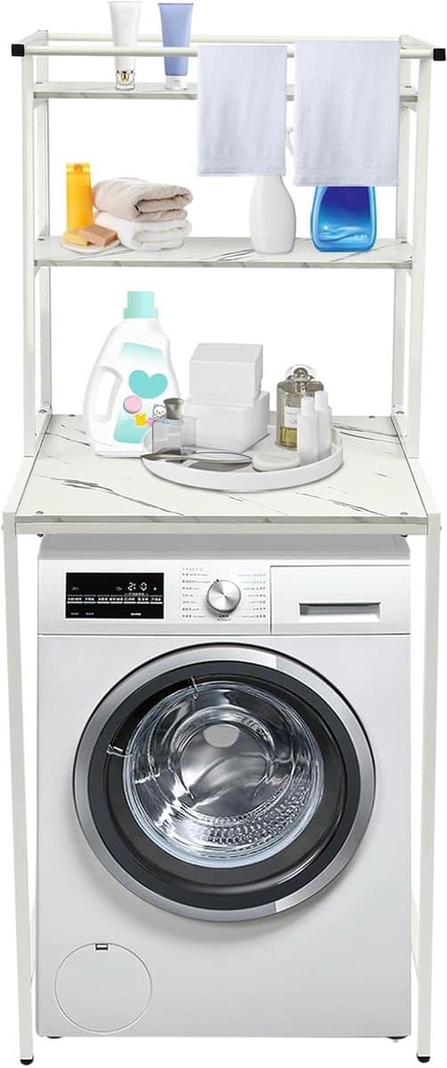 Wasmachinekast - Opzetkast Droger - Badkamer Organizer - Verstevigd X-frame - 69 x 60 x 176 cm - Wit Marmer — afbeelding 1
