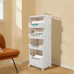 4-Laags Wasmand met 360° Stille Wielen – Opvouwbaar Wasrek en Kledingopbergrek voor Woonkamer en Badkamer – Wit — thumbnail 3