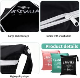 Dailygoods- Reiswaszakken 3 Stuks - Waszak Groot 38 x 48 cm - Vuile Kledingtas - Natte Tas voor Sport - Opvouwbaar met Rits - Handvat voor Gemak — thumbnail 2