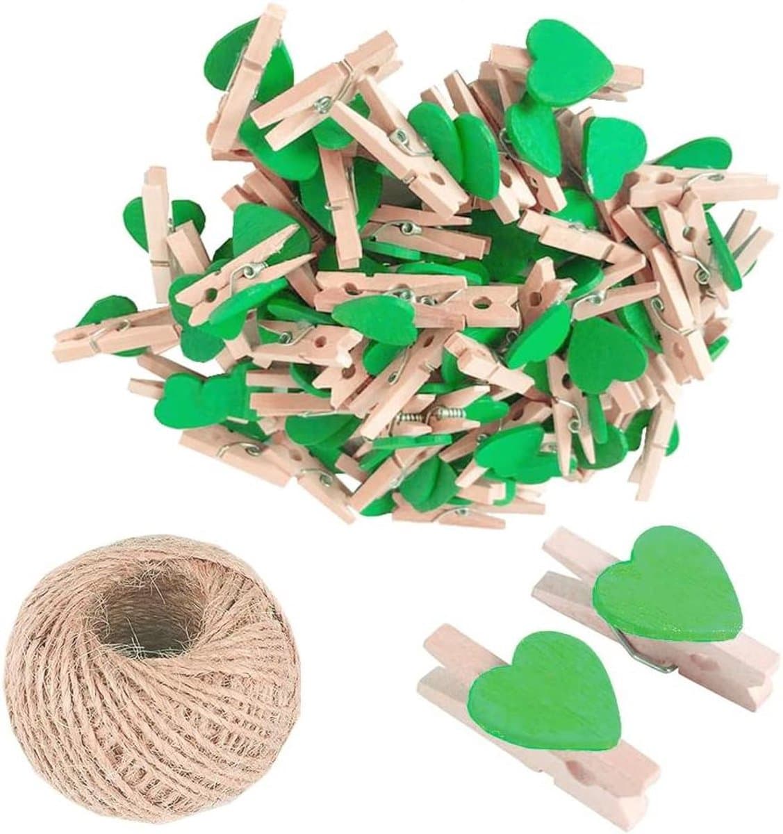 Houten Hart Wasknijpers - Fotoclips Mini - Decoratie Ophangen - Milieuvriendelijk Houtmateriaal - 3 cm - Groen — afbeelding 1