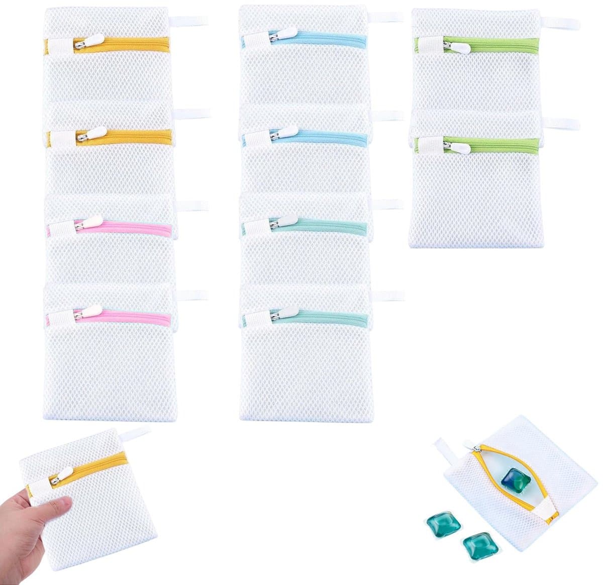 10 Kleine Waszakken voor Wasmachine, 13 x 12 cm Wasnet met Honingraatstructuur en Verborgen Rits, Fijne Was Organizer voor Sokken Lingerie Reizen en Opbergen — afbeelding 1