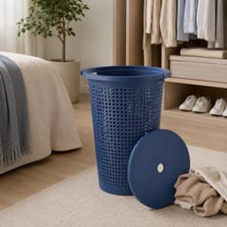 Storage Solutions Wasmand met deksel - 2x - blauw - 35 liter - 40 x 52 cm - kunststof - rond - wasbox - mand voor wasgoed — thumbnail 5