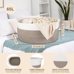 Thijox - Extra grote opbergmand van duurzaam geweven katoenen touw voor wasgoed, woonkamer, slaapkamer, speelgoed, schoenen, handdoeken, wit en kaki, — thumbnail 3