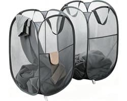 Thijox - 2 stuks 75 liter opvouwbare wasmanden, mesh, grote pop-up wasmanden, ademend en draagbaar met handvat en zijzak, donkergrijs voor thuis, camp