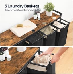 Wassorteerder 5 secties, wasmand met wielen, 5 × 10,5 gallon (40 l), rollende wasmand, uittrekbare en verwijderbare Oxford-stoffen zakken, rustiek bruin en zwart BF07XY01 — thumbnail 5
