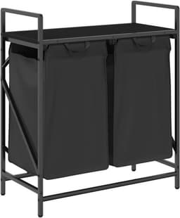 Wasmand – Laundry Basket – Wasbox – Wascontainer – Wasrek – 2 Compartimenten – Stevig Stalen Frame met Houtlook Opbergrek — thumbnail 1