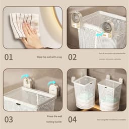 Ulisem - Zuignap wasmand - 2026 nieuw wit voor student en badkamer - Wandmontage zonder boren - Sterke zuignap voor glas en tegels - Afneembare mesh waszak - Ademend gaas voorkomt geurtjes - Incl ophanghaak - Eenvoudig te monteren - Wit — thumbnail 3