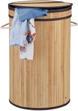 wasmand - 65 l - bamboe - met klapdeksel - handgrepen - opvouwbaar - natuur — thumbnail 1