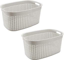 Hega Hogar Rotan line wasmand - 2x - wit - inhoud 44 liter - kunststof - 58 x 39 x 27 cm — thumbnail 1