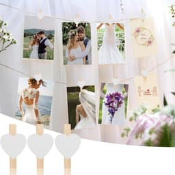 Mini-wasknijpers - decoratie - polaroid - bruiloft - houten knijpers - doe-het-zelf - fotowand - display - feest - wit - 120 stuks met hartjes design, inclusief 10 m jute koord voor foto's. — thumbnail 2