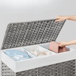 Wasmand met 3 Vakken & Deksel – Grijs Rotan Look – Met Wieltjes & Zijvak – Uitneembare Waszakken – 160L — thumbnail 3