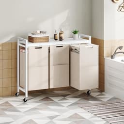 Wasmand 3 vakken, wasverzamelaar met plank, wasmand met wieltjes, 3 x 39,8 l, waszak van Oxford-weefsel, wit — thumbnail 4