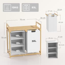 Wasmand, 4-vaks wasopslagdoos, met 2 uittrekbare en afneembare waszakken, met opbergrek, wasmand met handgrepen, geschikt voor slaapkamer, woonkamer, toilet, 70 x 36 x 70 cm, houtkleur, bamboe — thumbnail 2