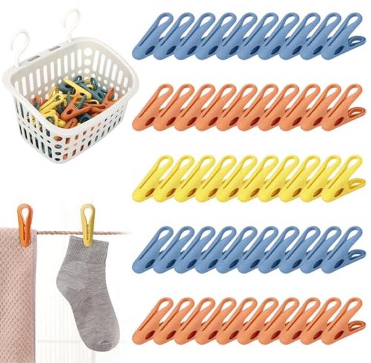 50 stuks kleurrijke wasknijpers met mand - antislip, zonder afdruk, ideaal voor kledingdroging — afbeelding 1