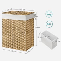 Wasmand, 46 x 33 x 60 cm, naturel, vuilewasmand met uitneembare voering en zijhandvatten, gemakkelijk te verplaatsen en schoon te maken, 90 liter grote capaciteit, stevig en duurzaam materiaal — thumbnail 2