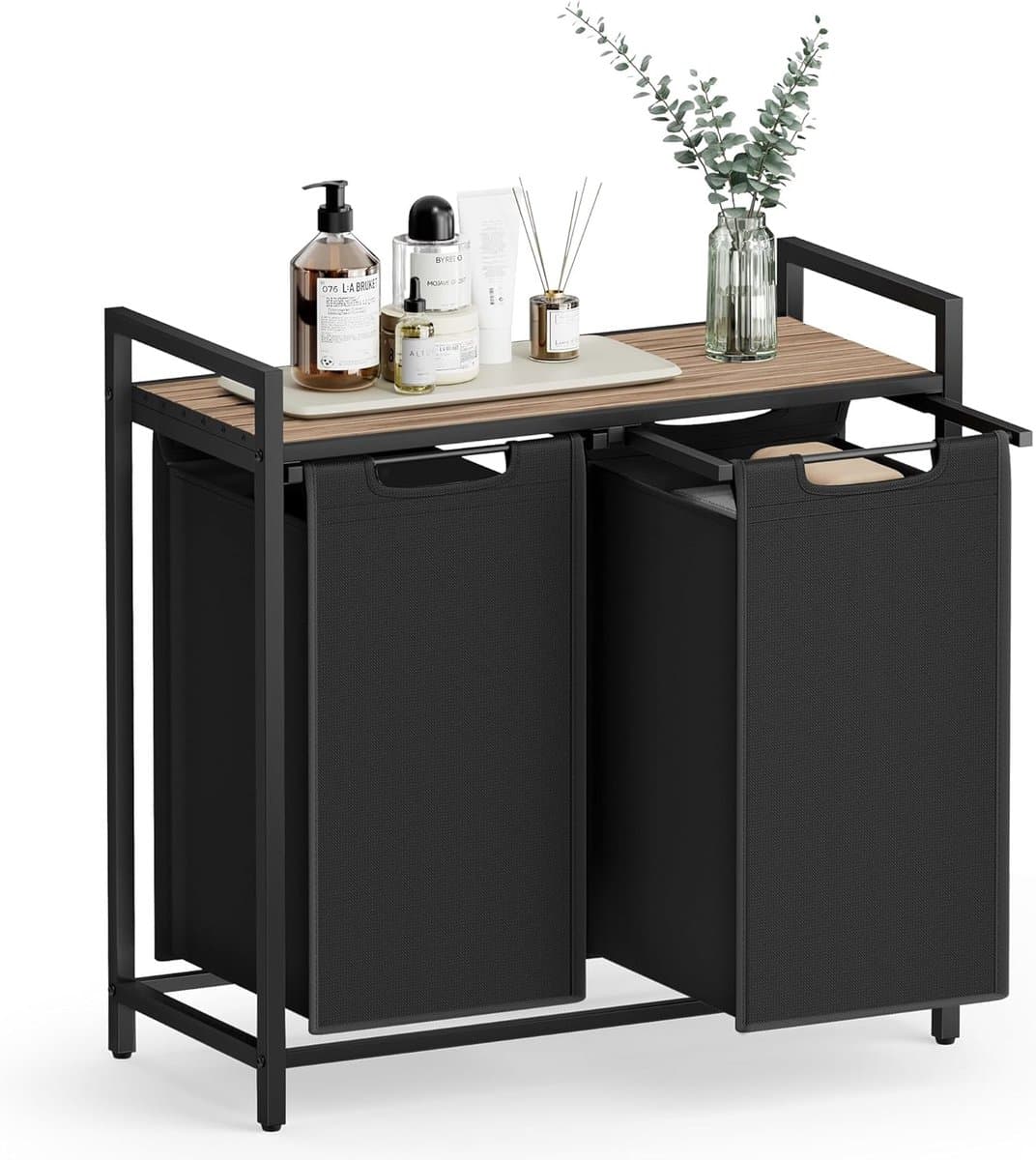 Dubbele industriële Wasmand – 2-delig Was Sorteerder met uitneembare Zakken en Plank – Metalen Frame – Camelbruin/Zwart — afbeelding 1