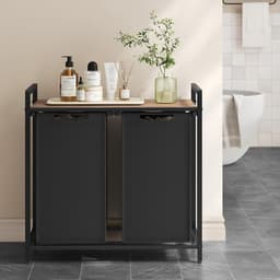 Dubbele wasmand opbergmand vuilewasmand 73×33×72 cm naturel+zwart met streepjes-opbergrek en uittrekbare afneembare binnenzak stevig metalen frame verstelbare poten multifunctioneel kledingorganizer geschikt voor wasruimte badkamer en slaapkamer — thumbnail 3