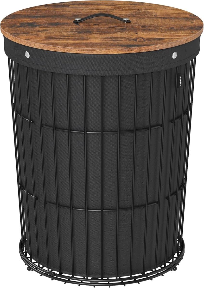 SONGMICS - Wasmand met deksel - ronde - 95 liter - hoogte 61 cm - zwart — afbeelding 1