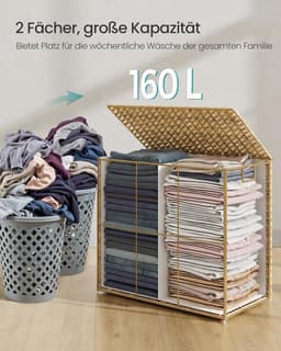 SONGMICS LCB216Y01 Wasmand 2 compartimenten wasmand 160 L Synthetische rotan wasmand met deksel en handvatten gevlochten opvouwbare verwijderbare waszak natuurlijke kleur — thumbnail 2