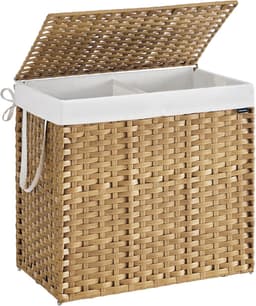 SONGMICS LCB216Y01 Wasmand 2 compartimenten wasmand 160 L Synthetische rotan wasmand met deksel en handvatten gevlochten opvouwbare verwijderbare waszak natuurlijke kleur — thumbnail 1