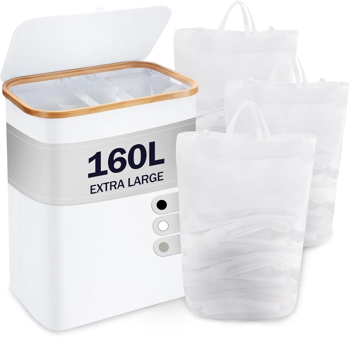 Wasmand met deksel - 3 vakken - 160 liter - wasverzamelaar - 3 waszakken - grote opvouwbare wassorteerder - bamboe - hoge wasmand - wit — afbeelding 1