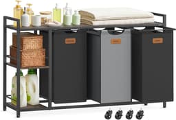 Wasmand - 3-delig met Rek - 150 Liter – Wassorteerder – Industriële Opbergrek voor Wasruimte - 117x33x80,5cm — thumbnail 1