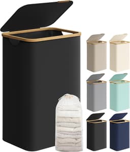 Wasmand met Bamboe Deksel – 90L Opvouwbare Wasbox – Met Uitneembare Waszak – 42x32x70.5 cm — thumbnail 1