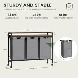 Amolass - Wasmand 3 Vakken - Wassorteerder - Wasmandtafel - Wasmandmeubel op Wielen - 31L per Zak - 96x30x75cm - Uitschuifbaar - — thumbnail 3