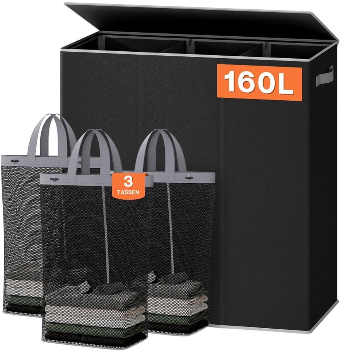 SNJY® Wasmand 3 Vakken - Wassorteerder - Wasbox Kledingmand - 36L x 63,5B x 70H cm - 160L - Zwart — afbeelding 1