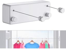 GELLDG Waslijn - Uitschuifbaar - Dubbel touw - Wandgemonteerd kledingrek voor binnen - Oprolbare waslijn - Geschikt voor badkamers, balkons, slaapkamers en gangen - Touwlengte 4,2 m - Wit — thumbnail 1