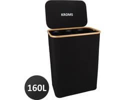 KROMS Wasmand 3 vakken - Zwart - 160L - Extra groot model - Inclusief NL & ENG Labels – Wassorteerder bamboe - Laundry basket - Wasmand met deksel - Opvouwbaar — afbeelding 1