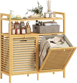 HOMCOM wasmandkast - bamboe - 82L x 33B x 88H cm natuurlijk hout — thumbnail 1