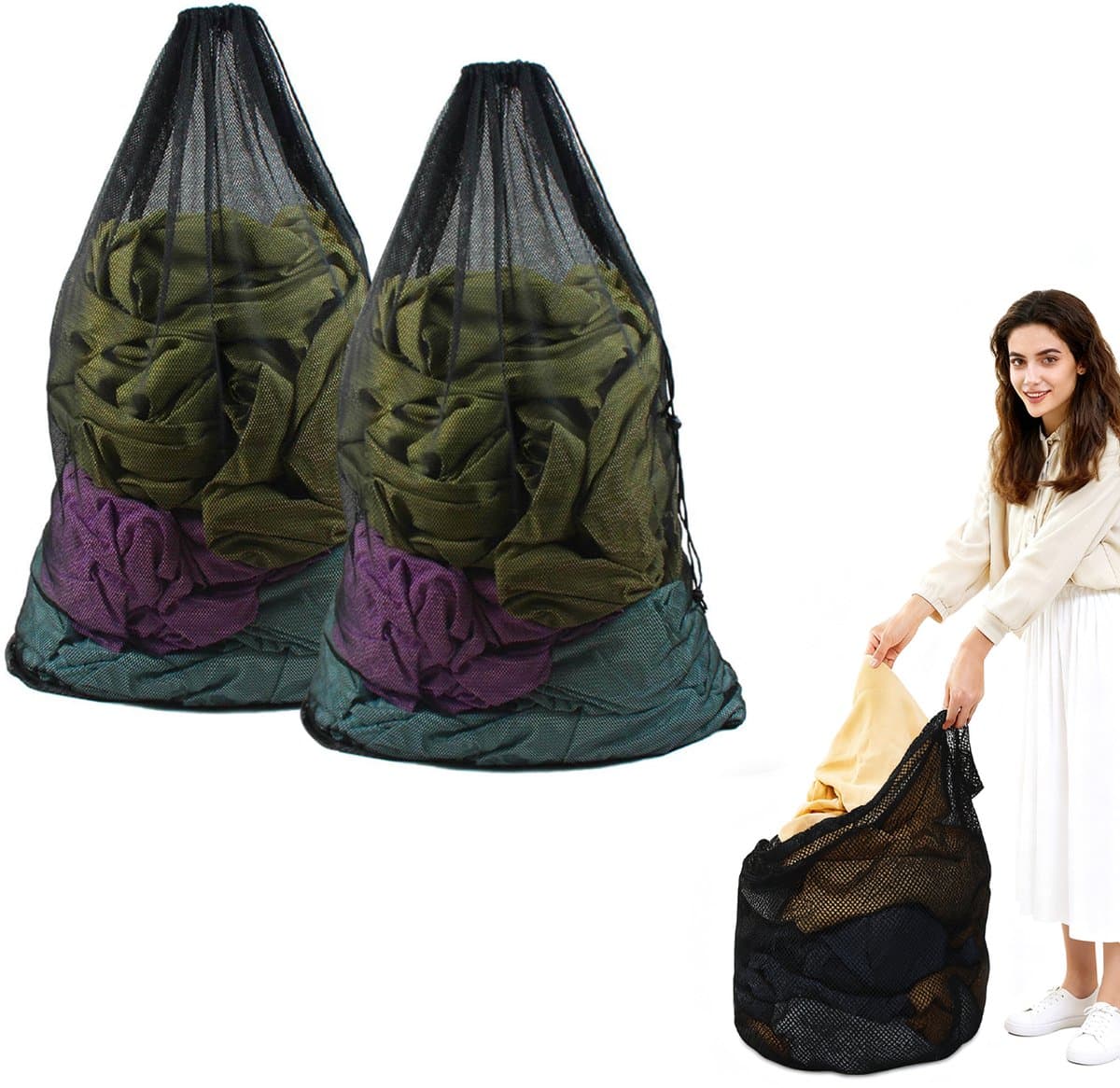 2 stuks waszakken van mesh met trekkoord en handvatten - 76×100cm waszakken van mesh - Duurzame tassen voor delicate kleding - Stevige waszakken van mesh - Geschikt voor wasmachines, reizen, kleding, speelgoedopslag — afbeelding 1