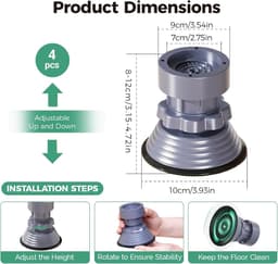 Trildemper voor wasmachines en drogers, 4 stuks, onderstelonderlegger, 8,5 - 12 cm, verstelbare trillingsdemperpads, wasmachine antislip stop voor de wasmachine, grijs — thumbnail 2