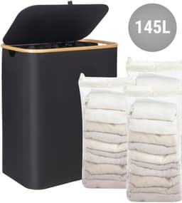 Lirena wasmand - drie vakken - opvouwbare wassorteerder - 3 in 1 wasmand - Zwart — thumbnail 1
