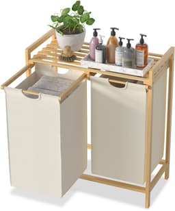 ACXIN Bamboe Wasmand Met 2 Vakken - Oxford Stof - Afneembaar En Wasbaar - 72 L - Beige — thumbnail 1