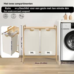 ACXIN Bamboe Wasmand Met 2 Vakken - Oxford Stof - Afneembaar En Wasbaar - 72 L - Beige — thumbnail 2