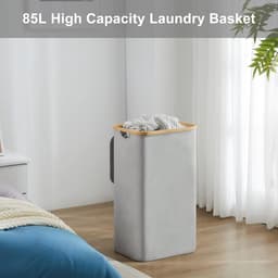 Wasmand 85 liter opvouwbaar met deksel en waszak, bamboe hout, smal design, grijze wasverzamelaar. — thumbnail 4