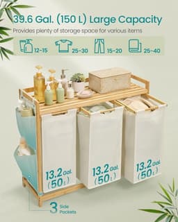 NaevaMi Wasmand 3 Vakken – Wassorteerder - Wasmanden - Wasbox - Wassorteerder 3 vakken - Wasmand Hout - Wasmand Bamboe - 150 liter - 3 Compartimenten - Uitschuifbaar met Plank - 94 x 33 x 78 cm - Wit — thumbnail 2