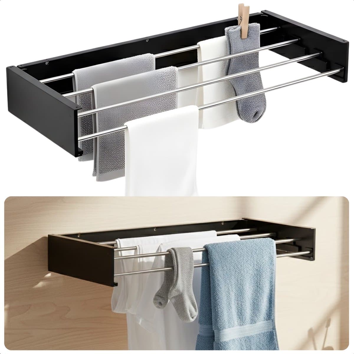 Cheqo® Wanddroogrek - Wanddroogrek Inklapbaar - Droogrek Muur - Muurdroogrek - Wanddroogrek Zwart - Inklapbaar Droogrek - Droogrek Aan Muur - Muur Droogrek Inklapbaar — afbeelding 1