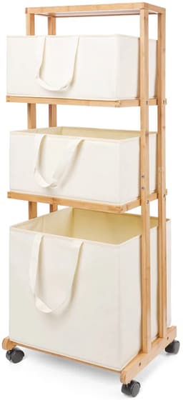 Eleganca Wassorteerder 3 Vakken - Wasmand - Met Wieltjes - H121 x L42 x B34 - Bamboe Naturel — thumbnail 2