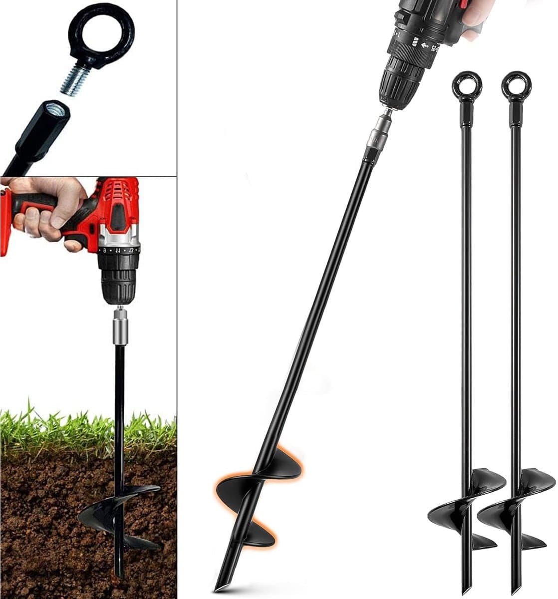Set van 4 Grondankers - 46cm Zware Uitvoering - Grondpen met 7cm Spiraalblad - Stormbeveiliging voor Trampoline, Speeltoestel, Carport & Partytent - Massief Staal - Inclusief Afneembare Oogringen - Zwart — afbeelding 1