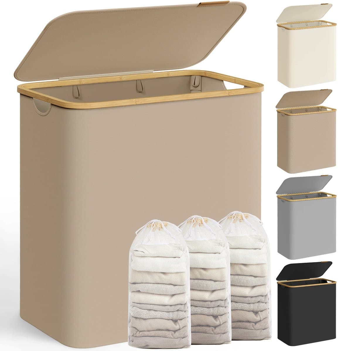 Delightness Wasmand - Wasmand 3 Vakken - Wasmand Met Deksel - Wasmanden - Uitneembare Waszak - 150 L - Bamboo - Camel Bruin — afbeelding 1