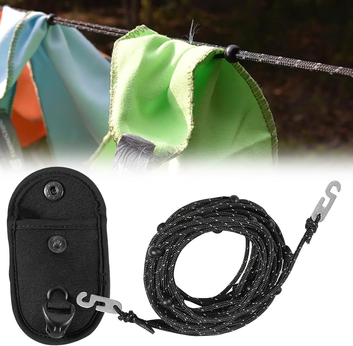 Uitbreidbare Reis Waslijn met 24 Vaste Parels - Extra Sterke Camping Waslijn - Antislip Buitenwaslijn voor Pantry - Tuin - Balkon - RV - Kamperen en Backpacking Accessoires — afbeelding 1