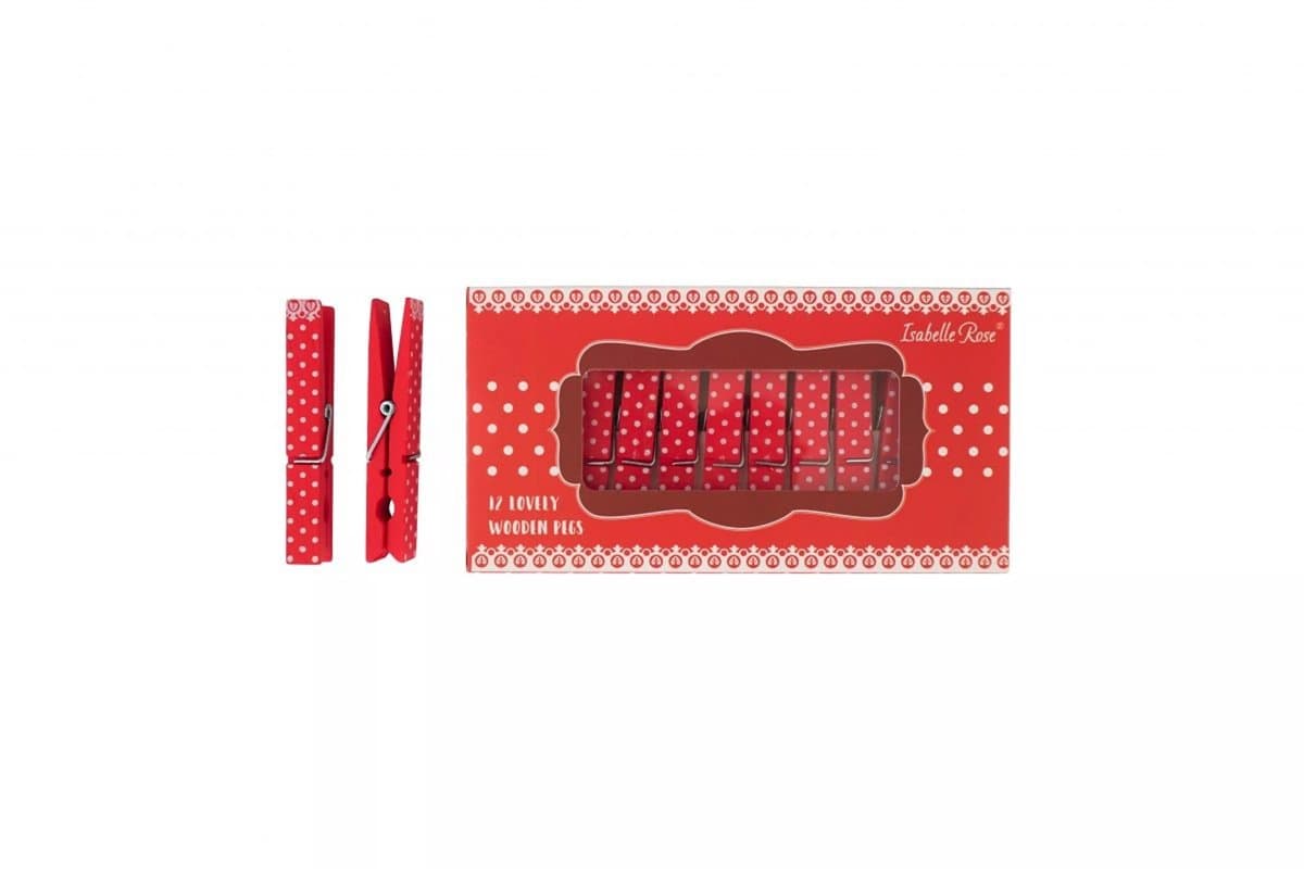 Isabella Rose - grote houten wasknijpers - 12 stuks - rood met witte stippen — afbeelding 1