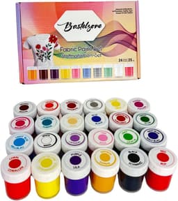 Textielverf Set van 24 levendige kleuren, elk 25 ml. - Wasbare textielverf set - Levendige, sterk gepigmenteerde textielverf - Machinewasbare verf voor T-shirts, katoen en stoffen (24 kleuren x 25 ml) — thumbnail 1
